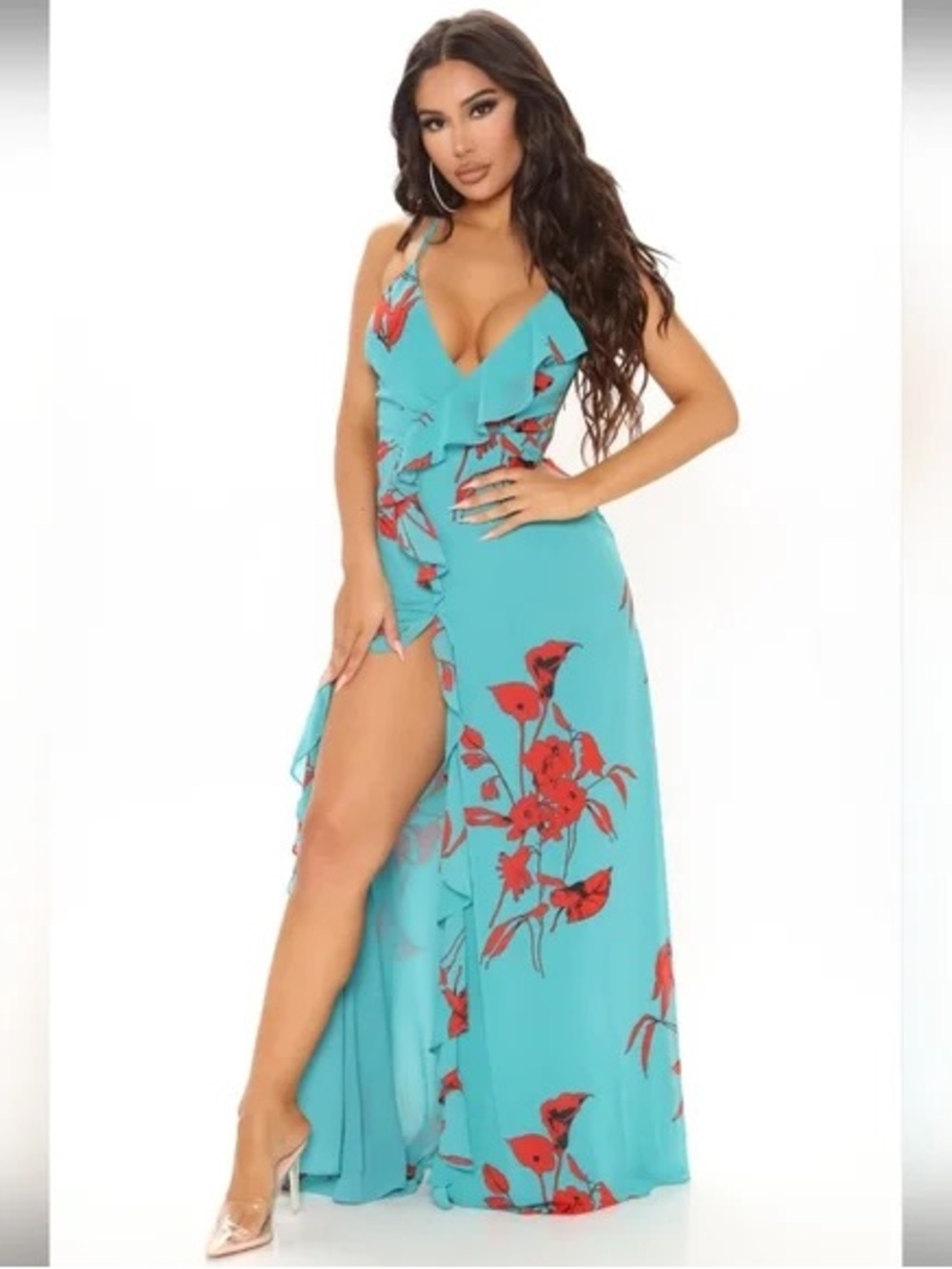 Turquoise Floral Ruffle V-Neck Maxi Dress